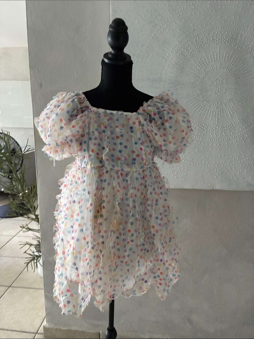 Girls White Puff-Sleeve Polka Dot Dress
